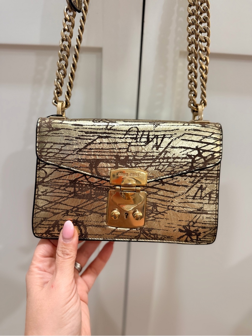 Miu Miu Confidential Metallic Gold Graphic Leather Chain Shoulder Bag Auth